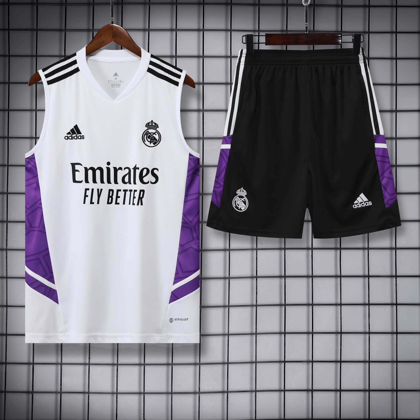 Real Madrid White & Purple Sleeveless Jersey With Shorts